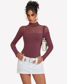 Long-sleeve turtle neck leotard in maroon with sheer mesh side panels
