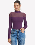 Purple long-sleeve turtle neck leotard top with sheer mesh panels