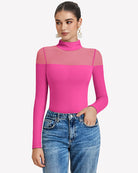 Pink long-sleeve turtle neck leotard top with sheer mesh panels