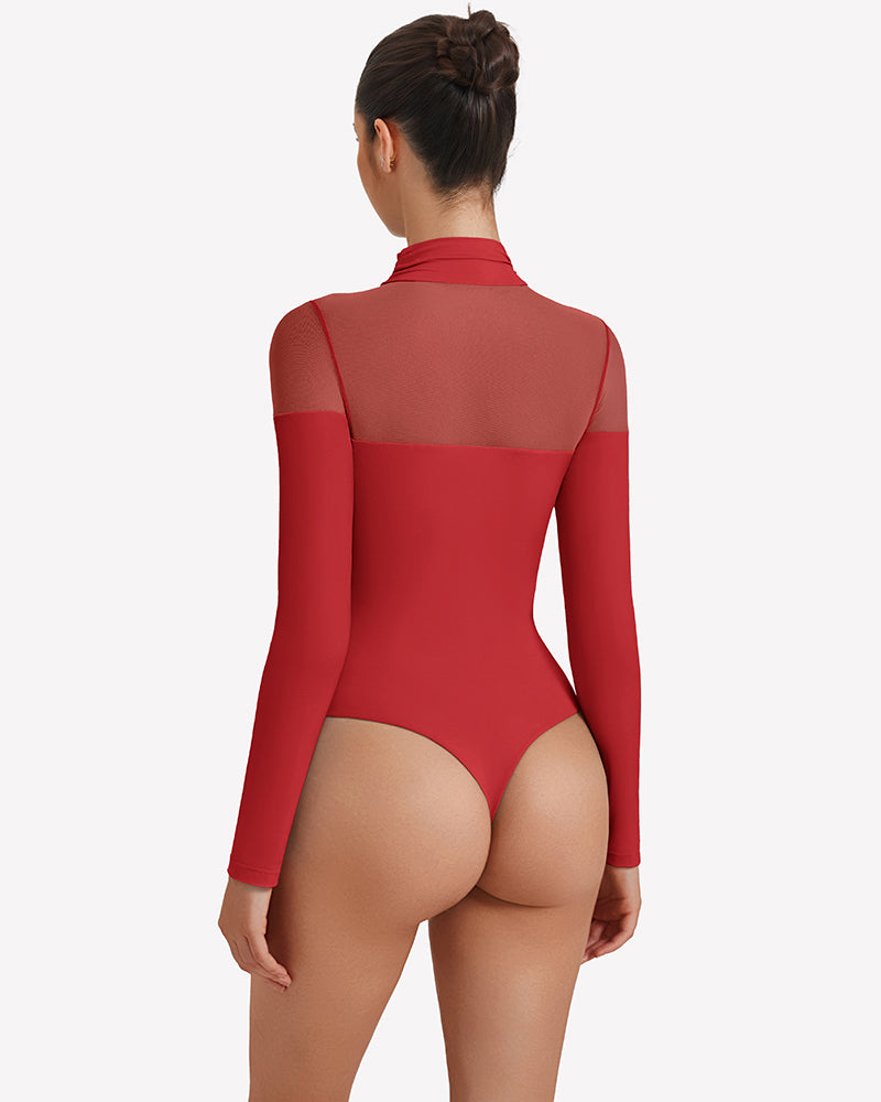 Long-sleeve turtle neck leotard in red, back view with sheer side panels