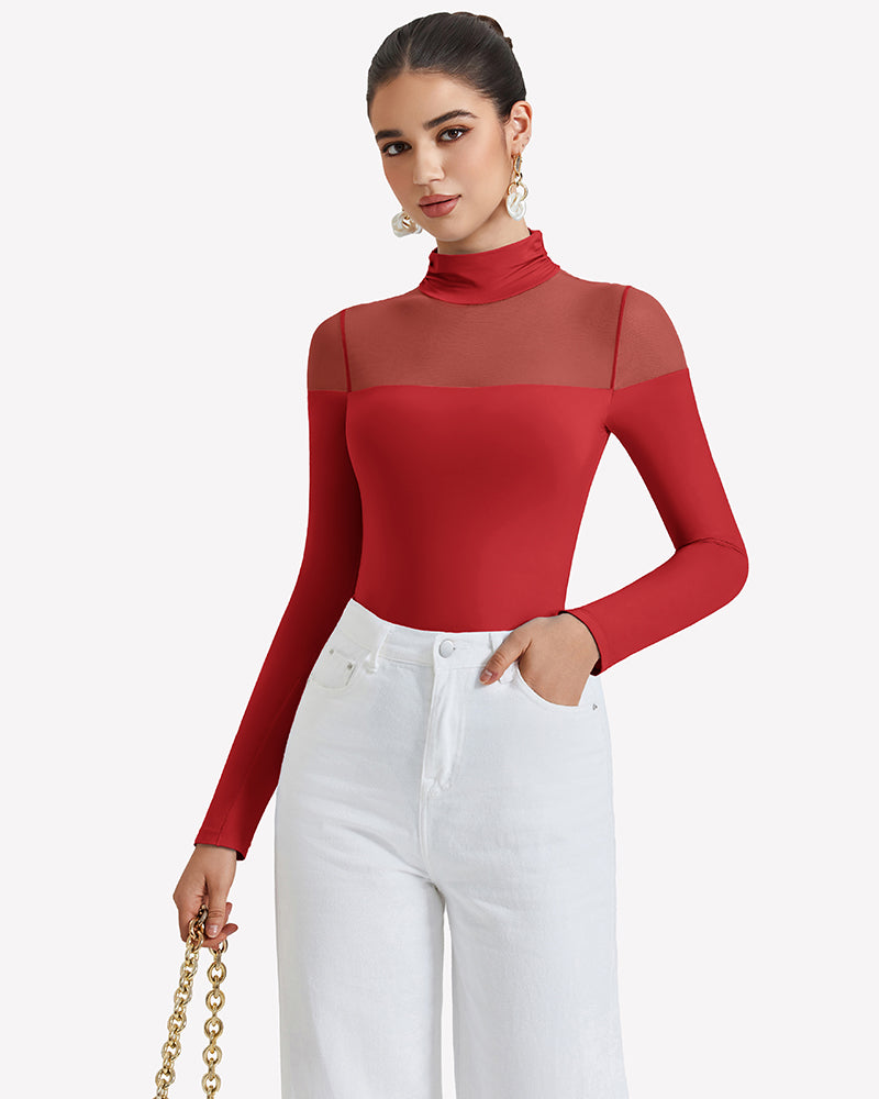 Long-sleeve turtle neck leotard in red with sheer mesh side panels