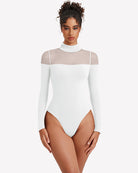 Long-sleeve turtle neck leotard in white with sheer side and back panels