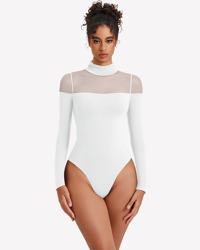 Long-sleeve turtle neck leotard in white with sheer side and back panels