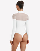 White long-sleeve turtle neck leotard top with sheer back panels