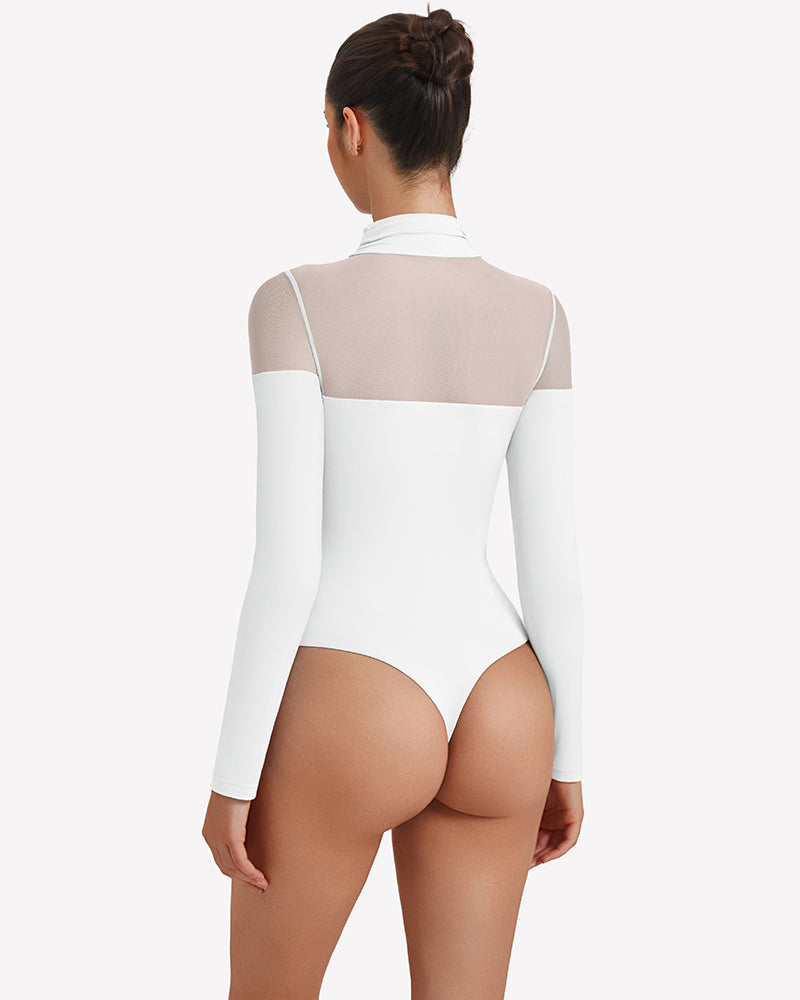 White long-sleeve turtle neck leotard top with sheer back panels