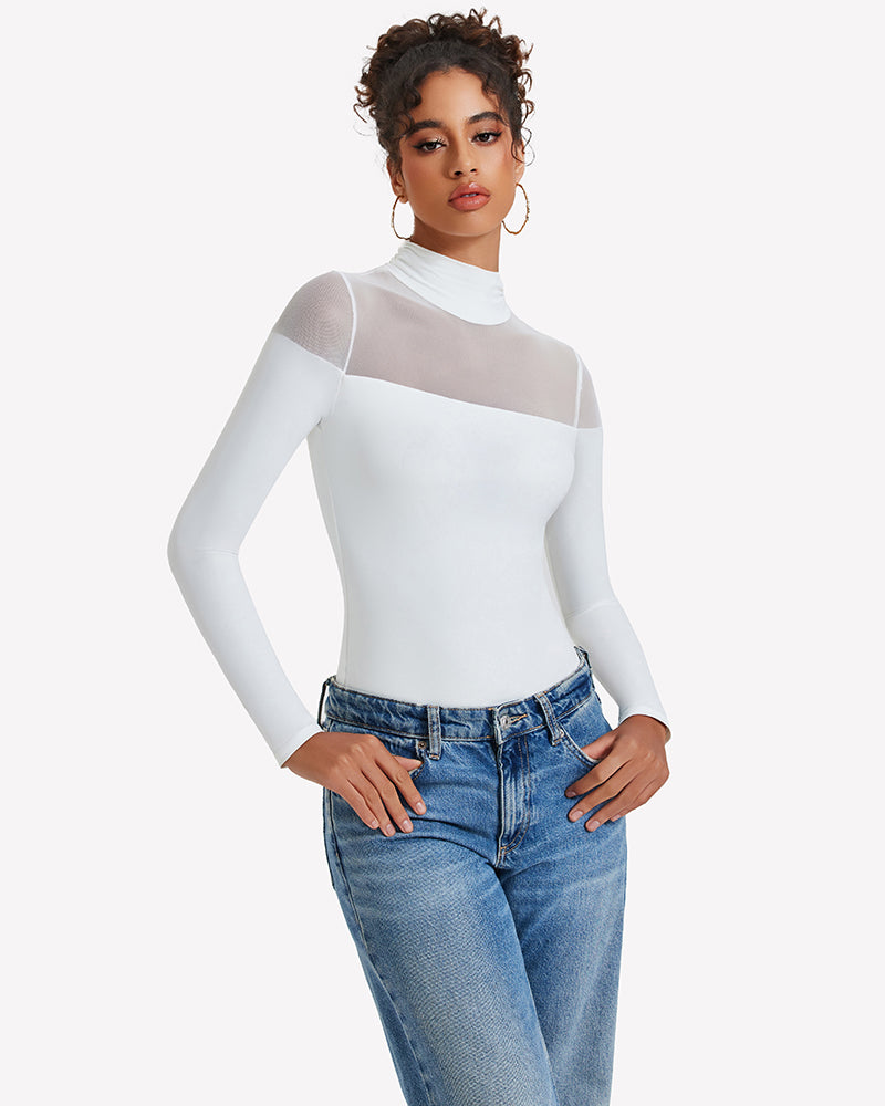 White long-sleeve turtle neck leotard top with sheer mesh panels