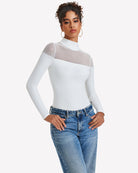White long-sleeve turtle neck leotard top with sheer mesh panels
