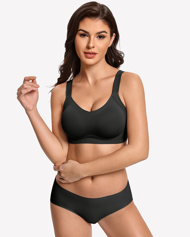 Wireless push-up bra in black, wide straps and smooth under-bust band