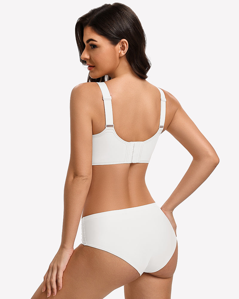 Wireless push-up bra back view, white, no underwire, adjustable wide straps