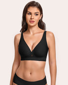 Wireless no-underwire bra in black, deep V neckline and ribbed bottom band.