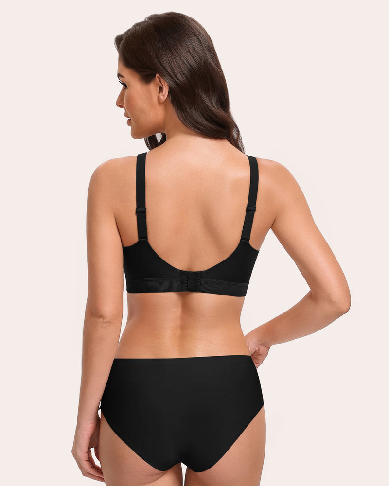 Wireless no-underwire bra in black, back view with crossing straps and underband.