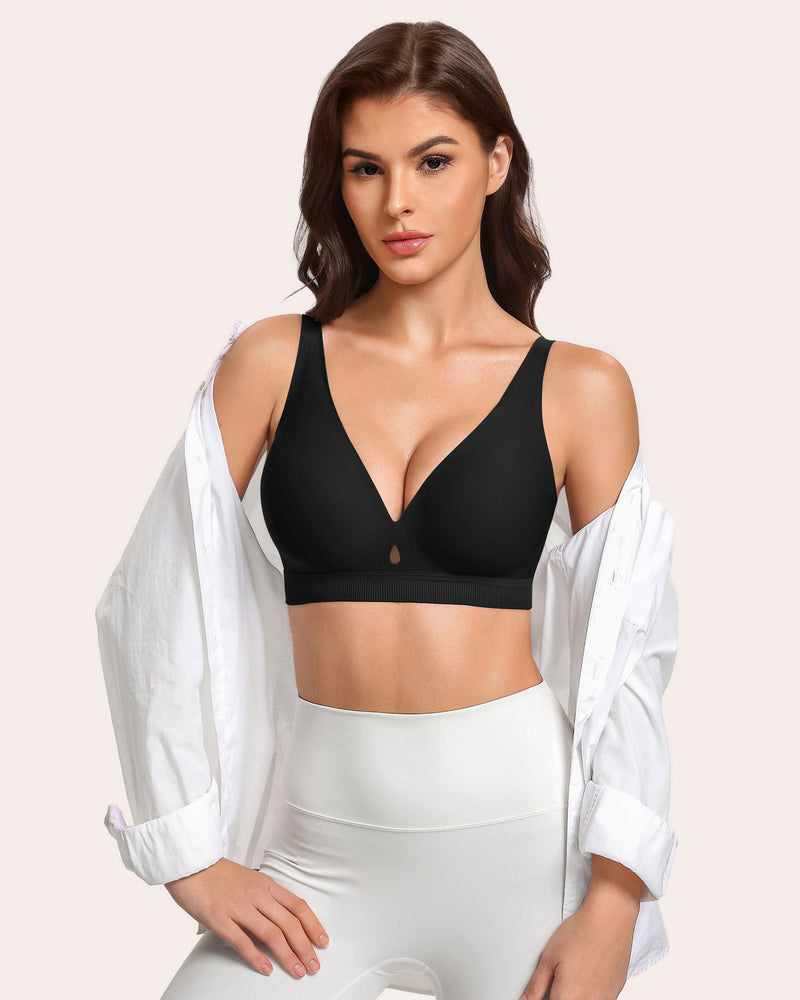 Wireless no-underwire bra in black, deep V cups and wide ribbed underband.