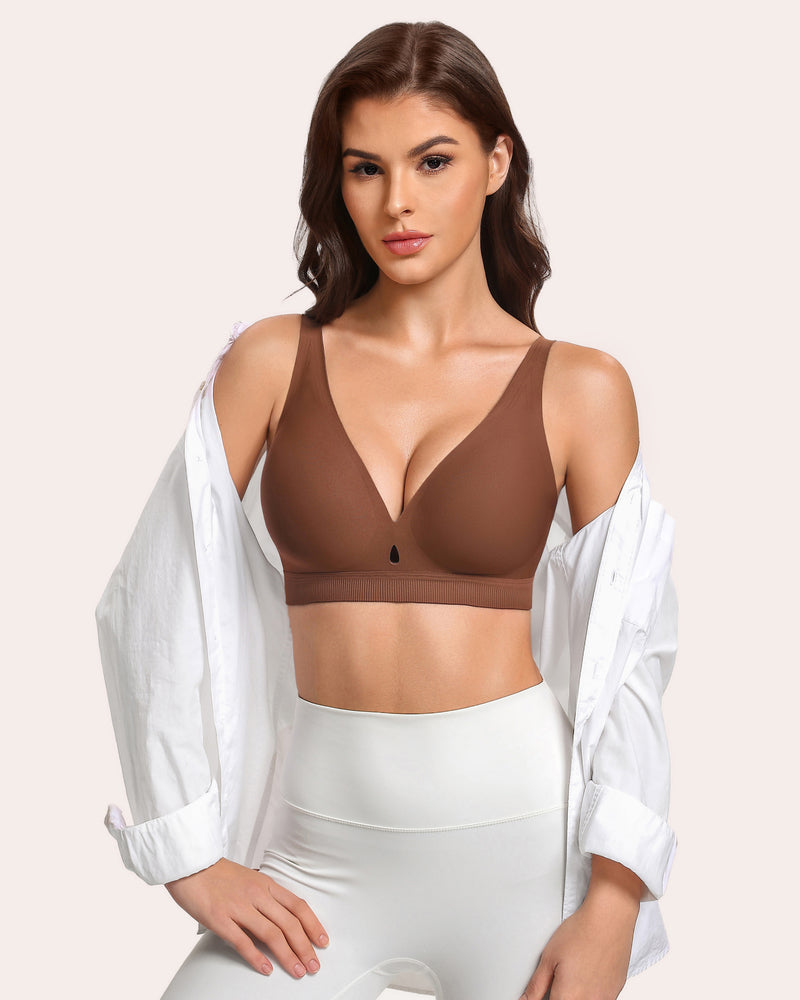 Wireless no-underwire bra in brown, deep V cups with ribbed underband and straps.