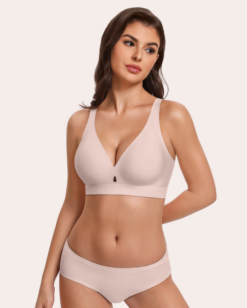 Light beige wireless bra with V-neck, thin straps, no underwire