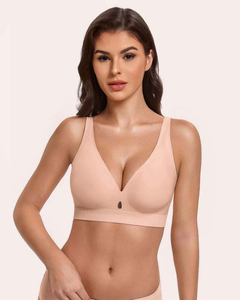 Wireless no-underwire bra, light pink V-neck with smooth molded cups and underband.
