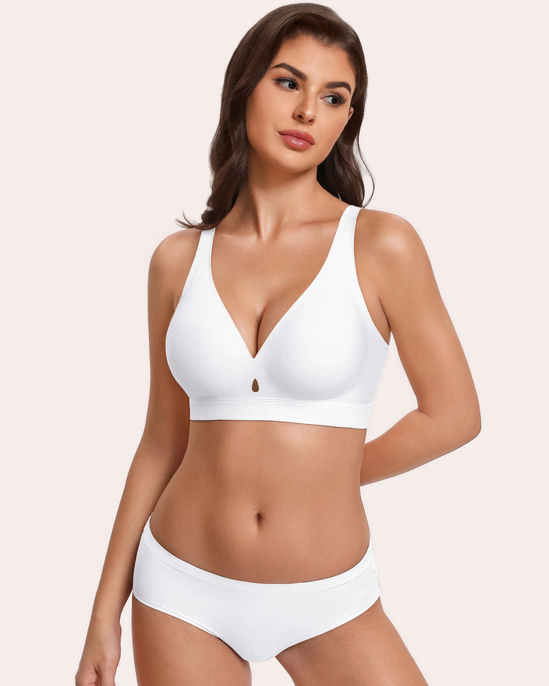 Wireless no-underwire bra in white, deep V neckline and smooth molded cups.