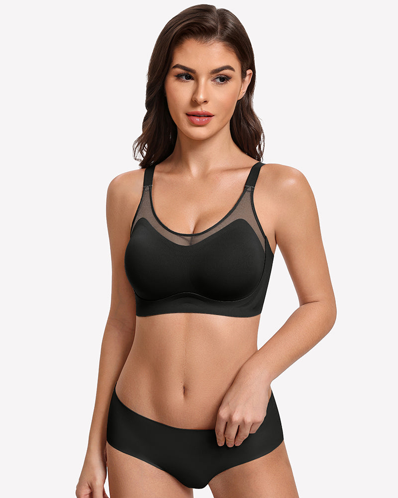 Black wireless push-up bra with sheer mesh-trim neckline and matching briefs
