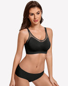 Black seamless push-up wireless bra with wide straps and matching briefs