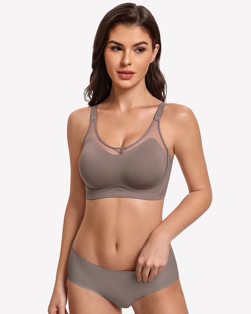 Taupe seamless wireless push-up bra with wide cups and matching hipster briefs