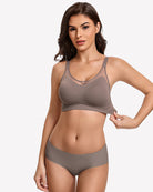 Taupe seamless push-up wireless bra with V-neckline and matching hipster briefs