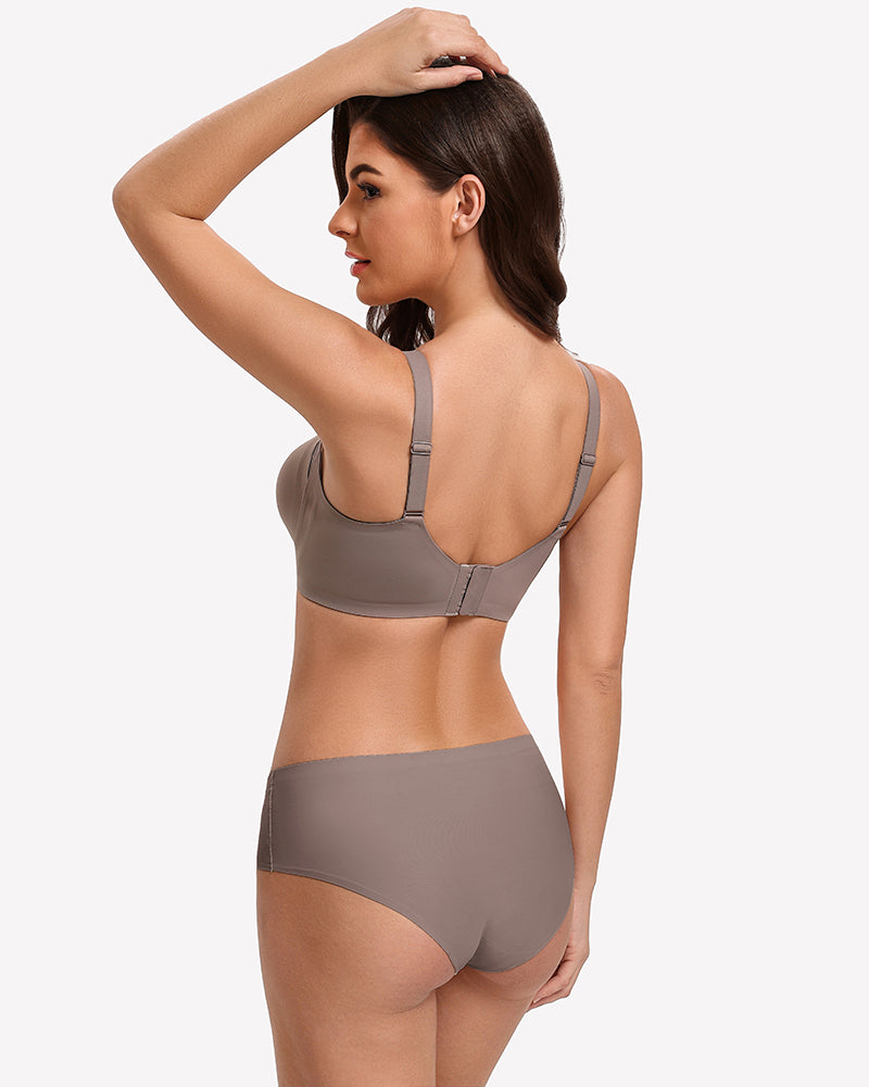 Taupe back-view wireless push-up bra with adjustable straps and matching briefs