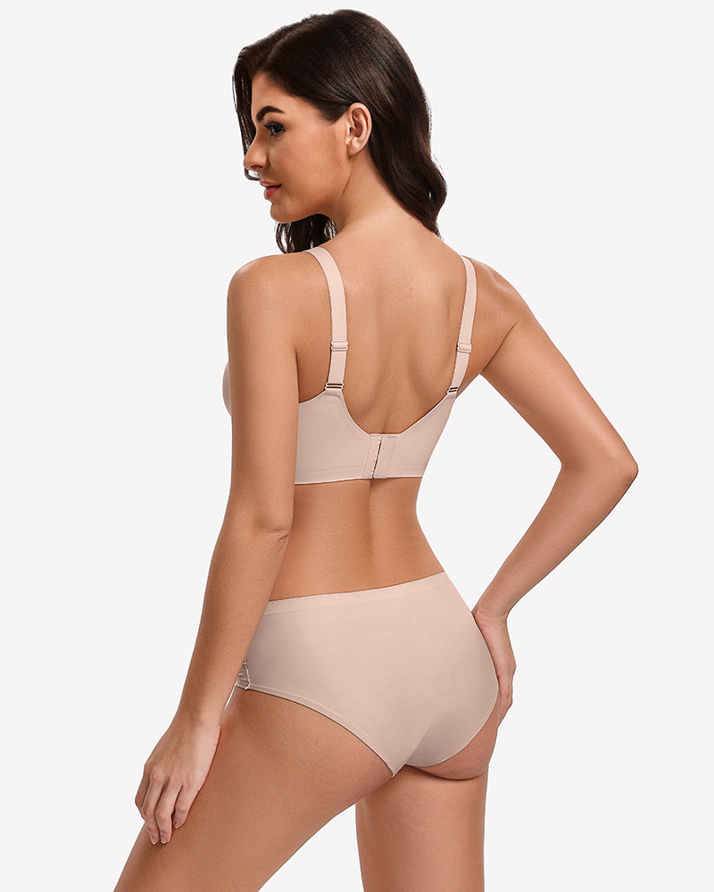 Nude back-view wireless push-up bra with adjustable straps and matching briefs