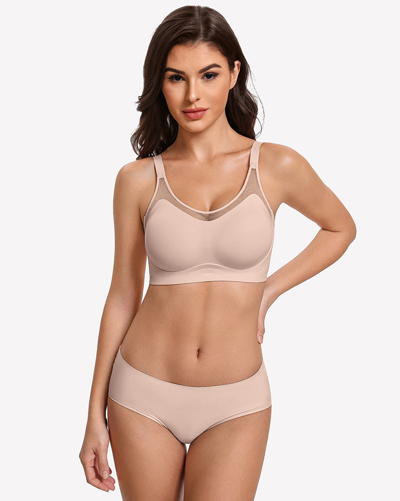 Nude wireless seamless push-up bra with mesh-trim neckline and matching briefs