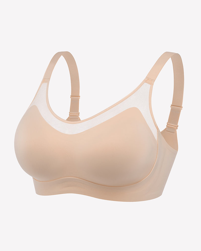 Beige seamless push-up wireless bra with U-shaped neckline and adjustable straps