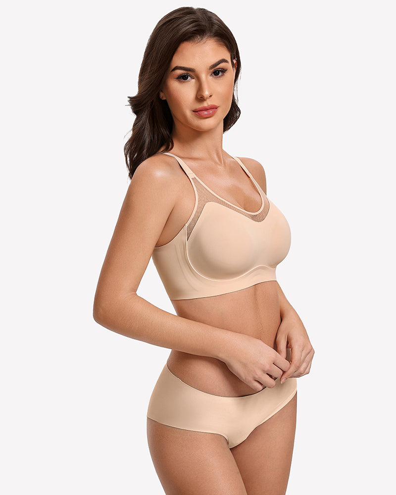 Nude seamless wireless push-up bra with scoop neckline and thin straps