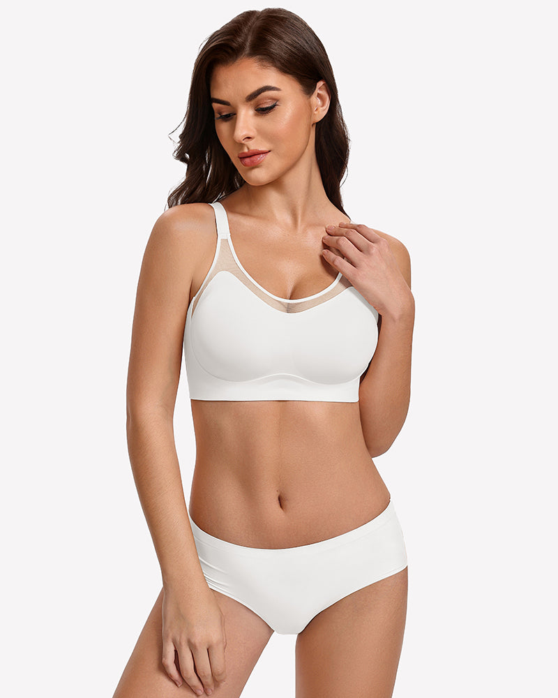 White seamless wireless push-up bra with contrast-edged scoop neckline