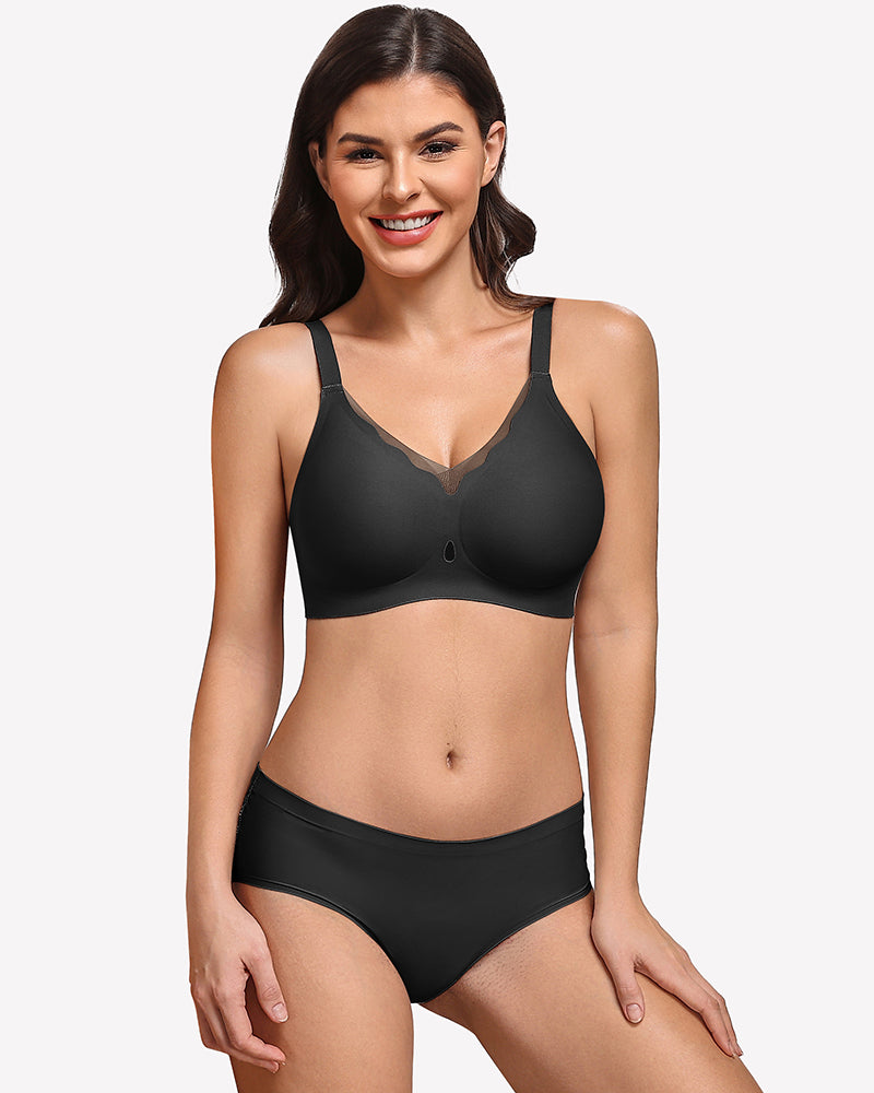 Seamless full coverage bra, black, front view with wide adjustable straps