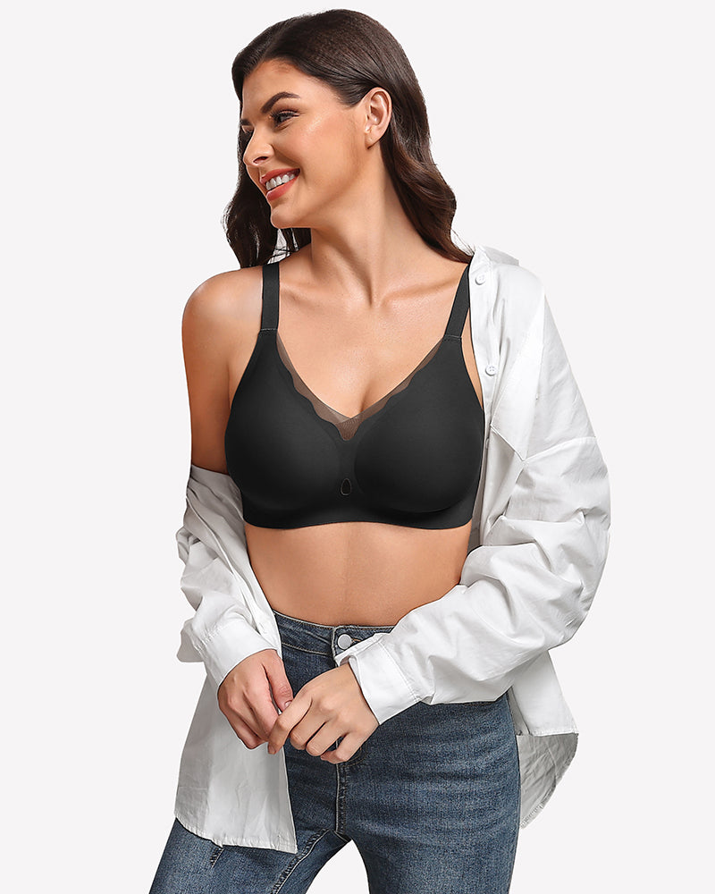 Seamless full coverage bra, black, V-neck with smooth wireless cups