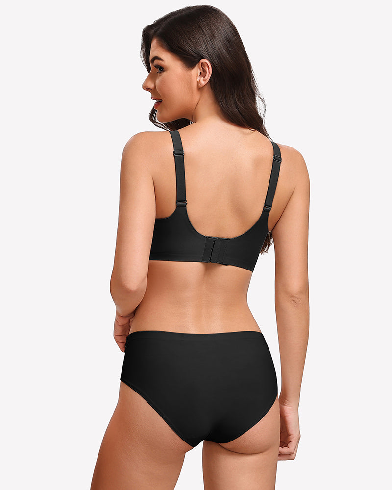 Seamless full coverage bra, black, back view with racer-style straps