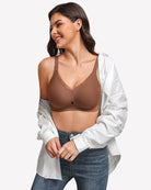 Seamless full coverage bra, coffee-brown, V-neck wireless smooth cups