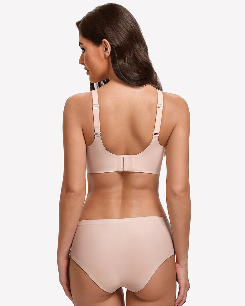 Seamless full coverage bra, nude beige, back view with adjustable straps