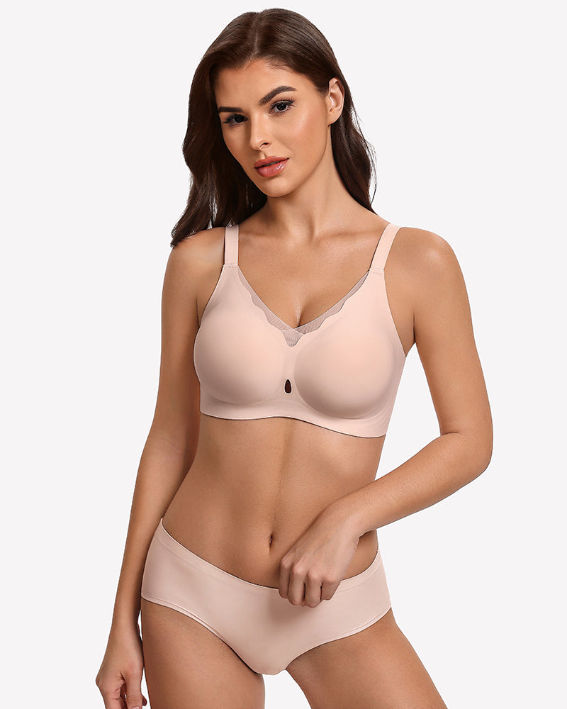 Seamless full coverage bra, light pink, front view with smooth cups