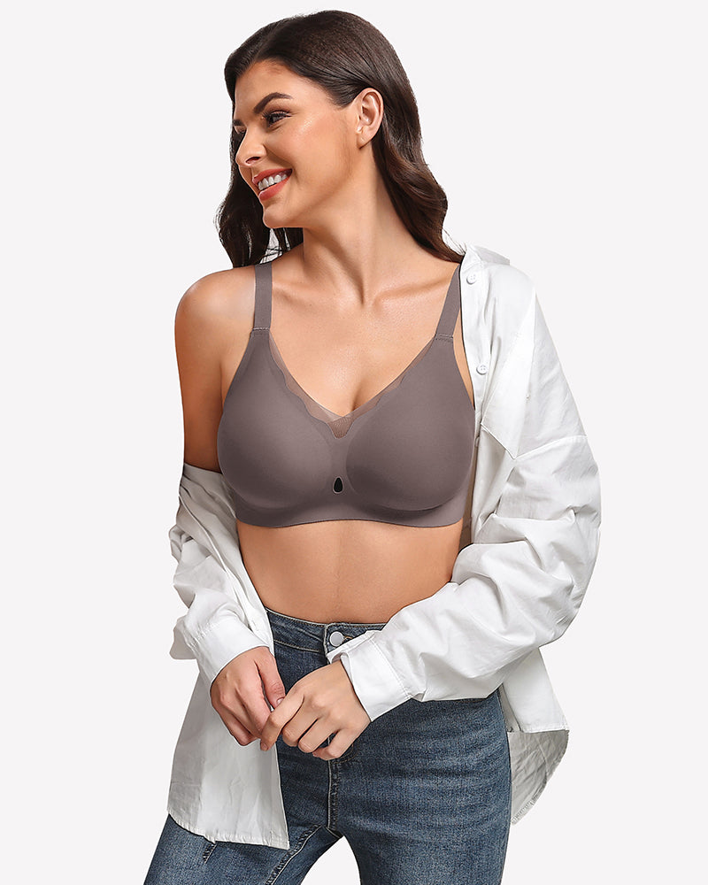Seamless full coverage bra, dark grey, V-neck wireless smooth cups