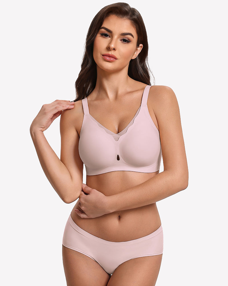 Seamless full coverage bra, pale pink, front view with wireless cups