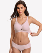 Seamless full coverage bra, pale pink, front view with adjustable spaghetti straps
