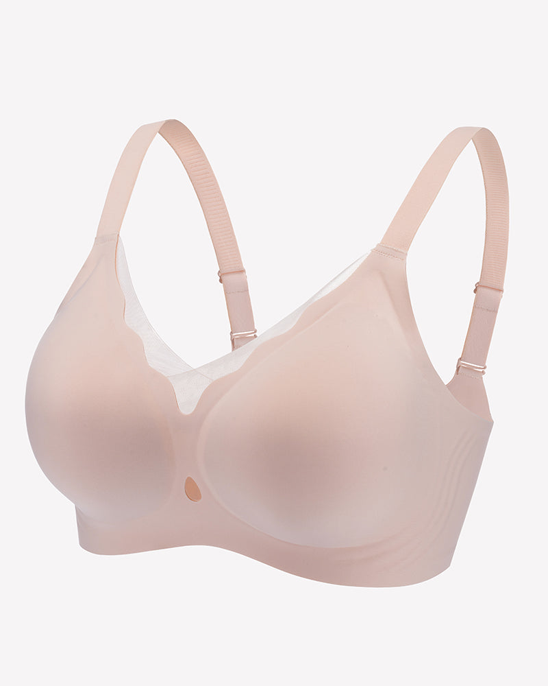 Wireless full coverage bra, nude-beige seamless cups with underwire-free support