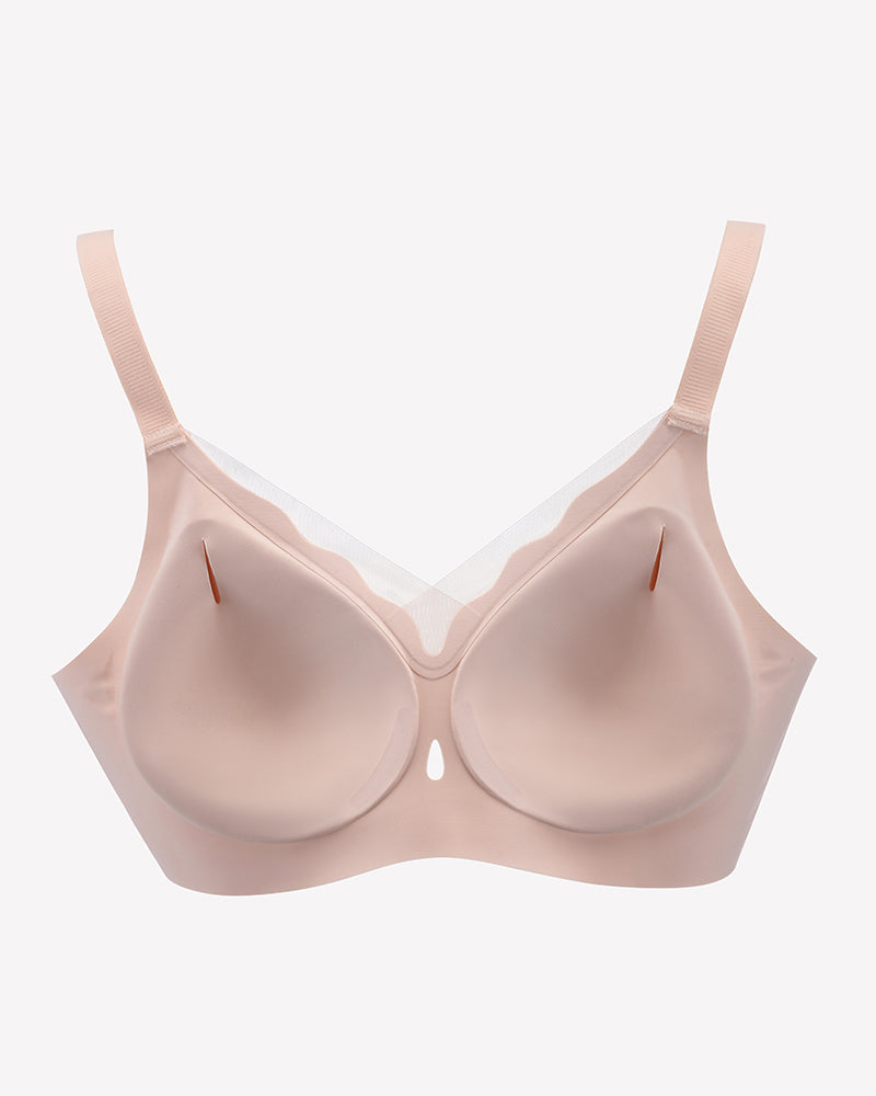Wireless full coverage bra, beige seamless U-neck cups with adjustable straps