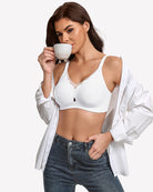 Wireless full coverage bra, white seamless cups with V neckline and thin straps