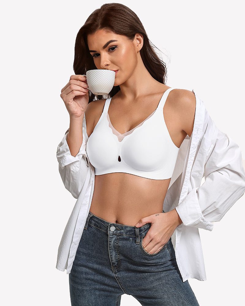Wireless full coverage bra, white seamless cups with V neckline and thin straps