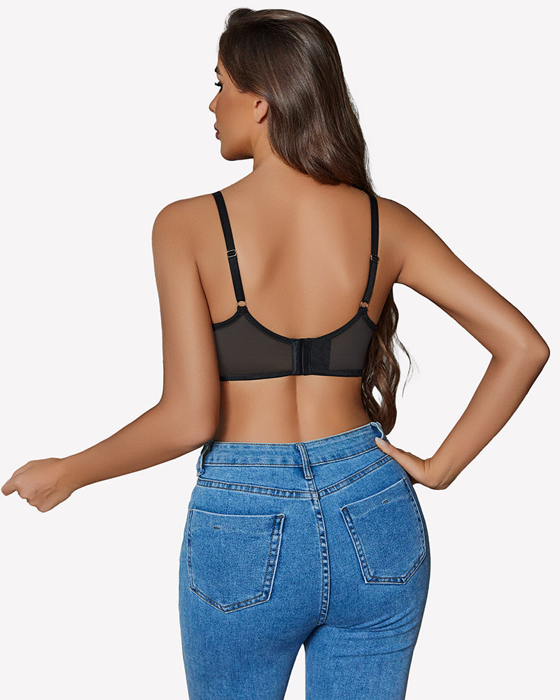 Black sheer mesh minimizer bra back view with adjustable straps and hook closure