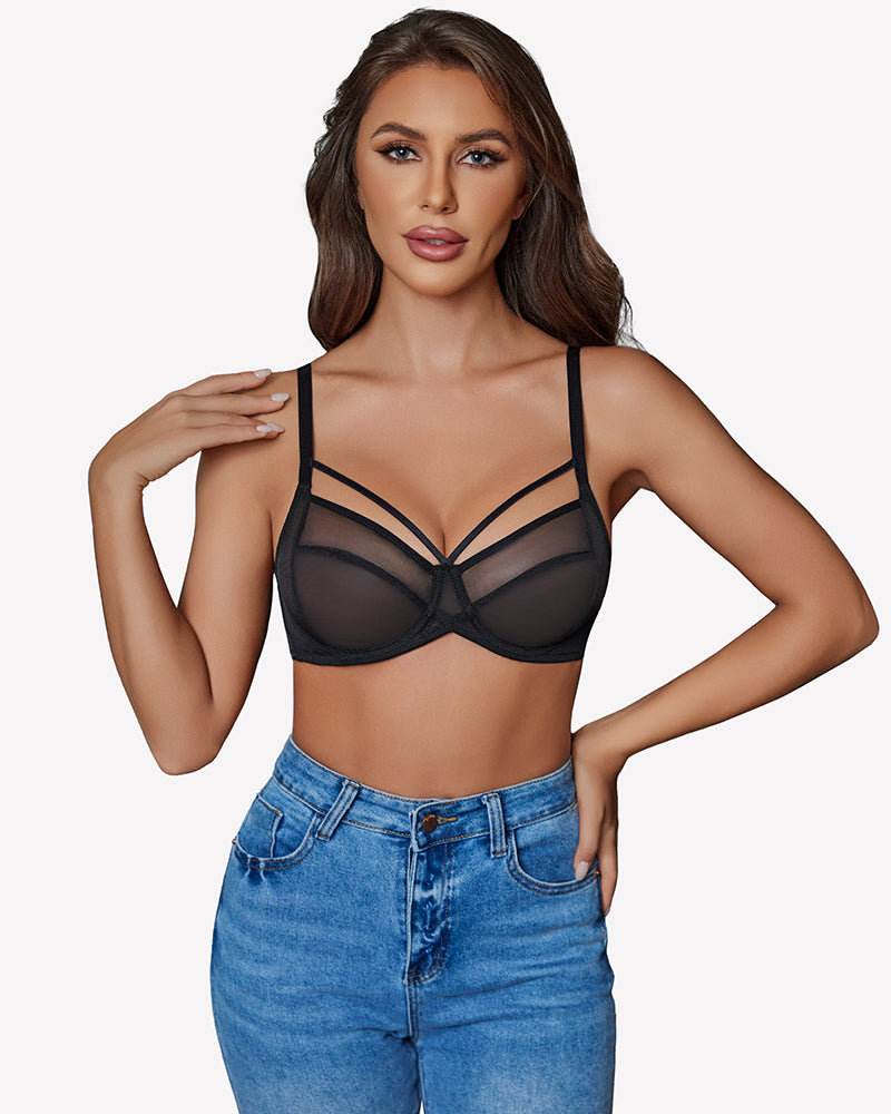 Black sheer mesh minimizer bra with underwire cups and adjustable straps