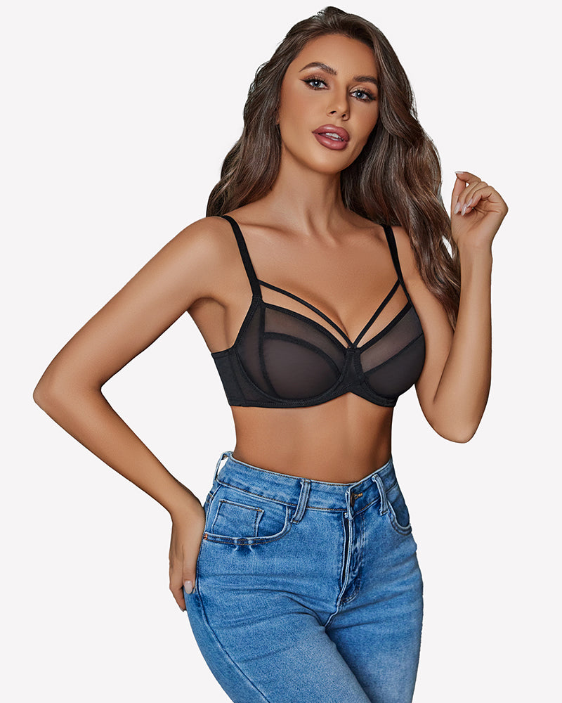 Black sheer mesh minimizer bra with underwire cups and strappy V-neck detail