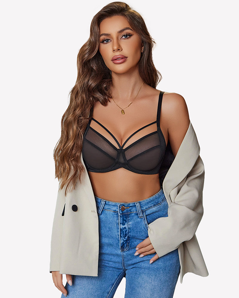 Black sheer mesh minimizer bra with underwire cups and thin adjustable straps