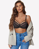 Black sheer mesh minimizer bra with underwire cups and thin adjustable straps