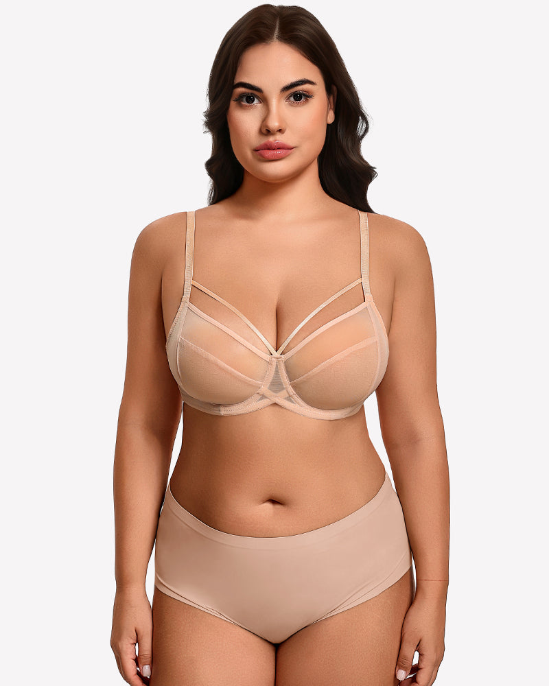 Champagne sheer mesh minimizer bra with underwire cups and intersecting straps