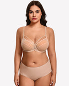 Champagne sheer mesh minimizer bra with underwire cups and intersecting straps